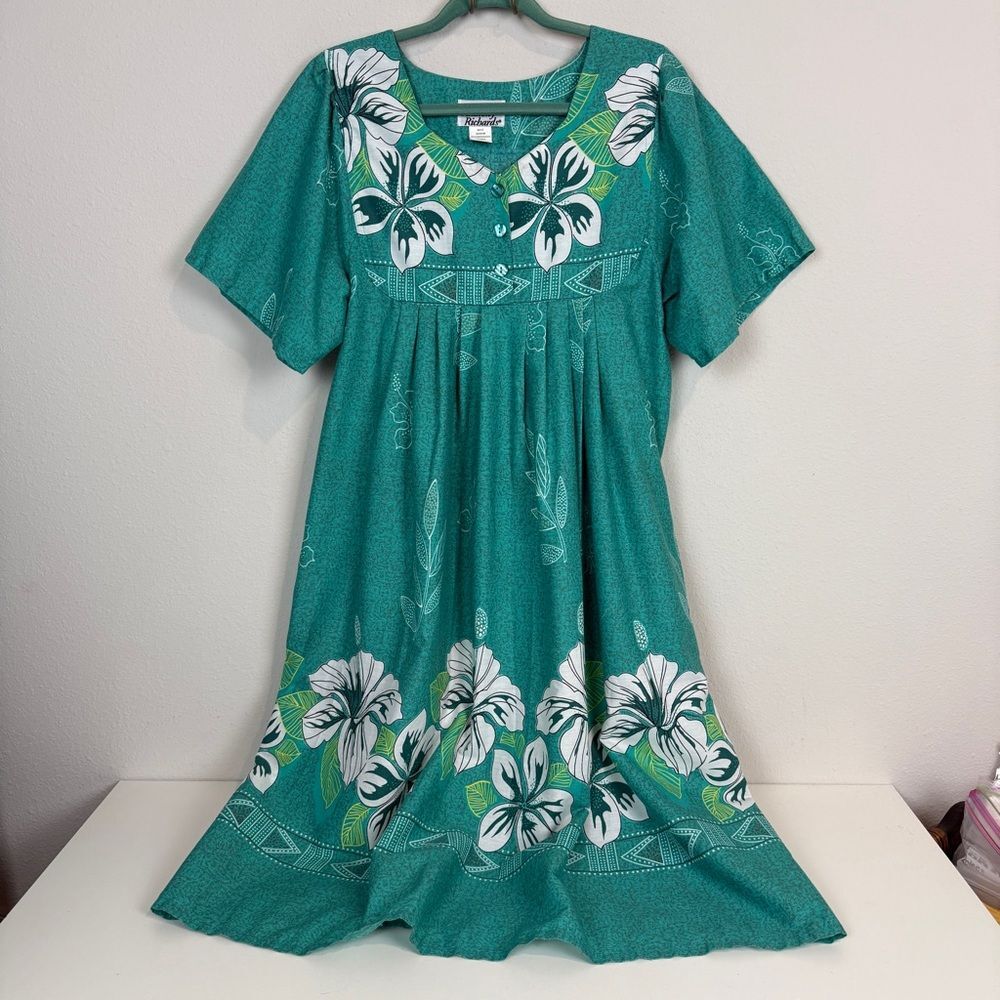 Vintage Anthony Richards Teal Aloha Hawaiian MuuMuu Midi Dress M